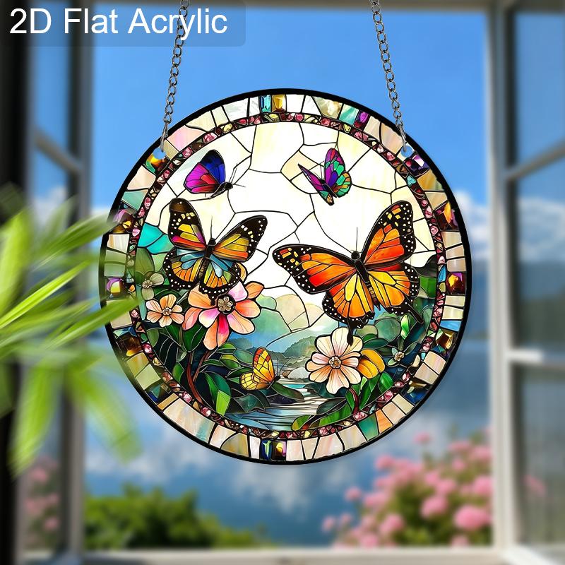 Acrylic Colorful Butterflies and Flowers Suncatcher, Stained Glass Style Window Hanging Ornament for Nature and Garden Lovers