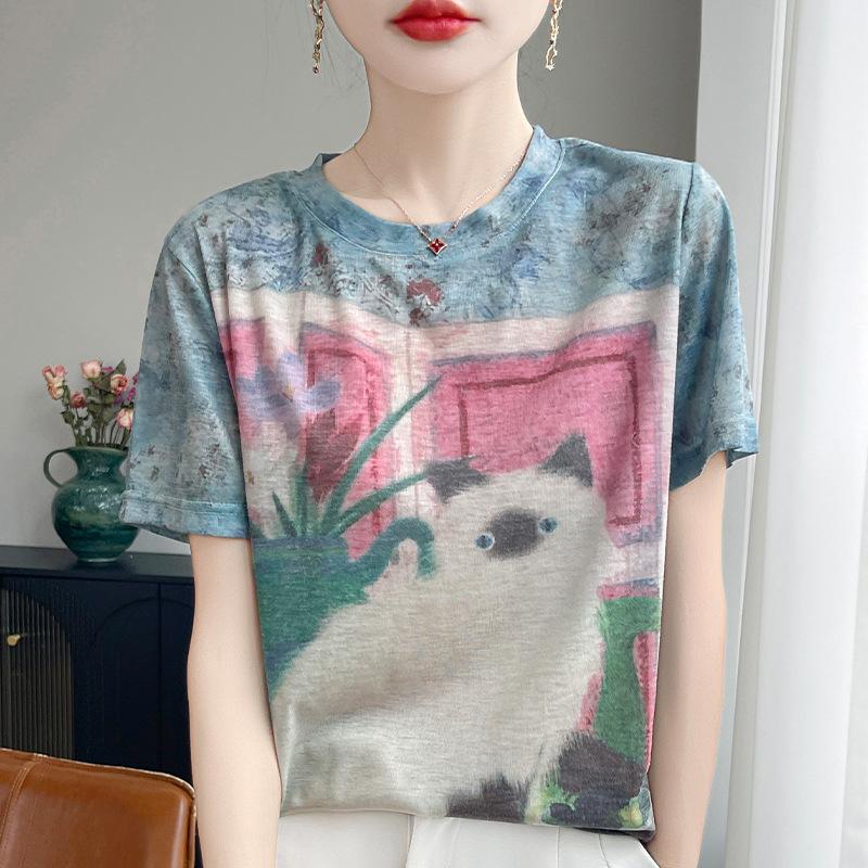 2026 Summer New Women s Round Neck Loose Tie-Dye Cartoon Cat Print Short Sleeve T-Shirt Top M