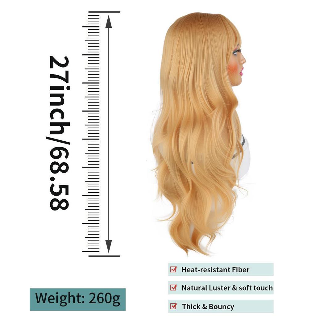 European and American Fashionable Women's Long Curly Hair Wig, Gold Bangs, Large Waves, High-temperature Silk Synthetic Wig Headband