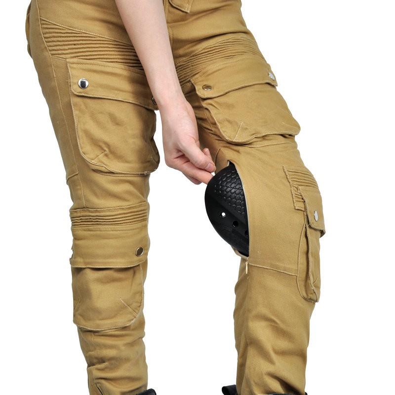 Womens Motorcycle Riding Pants Vintage Style Cargo Trousers With Protective Padding Khaki Cotton Blend Use