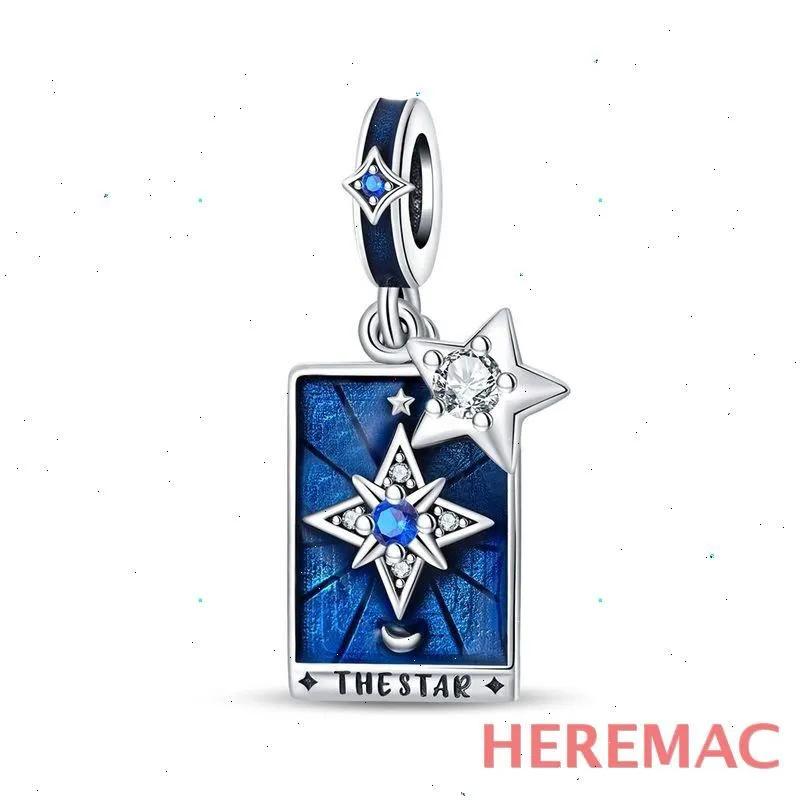 

Sterling Silver Tarot Card Charm Pendant Star Design with Cubic Zirconia Accents and Enamel Detailing Compatible with Charm Bracelets One size синій