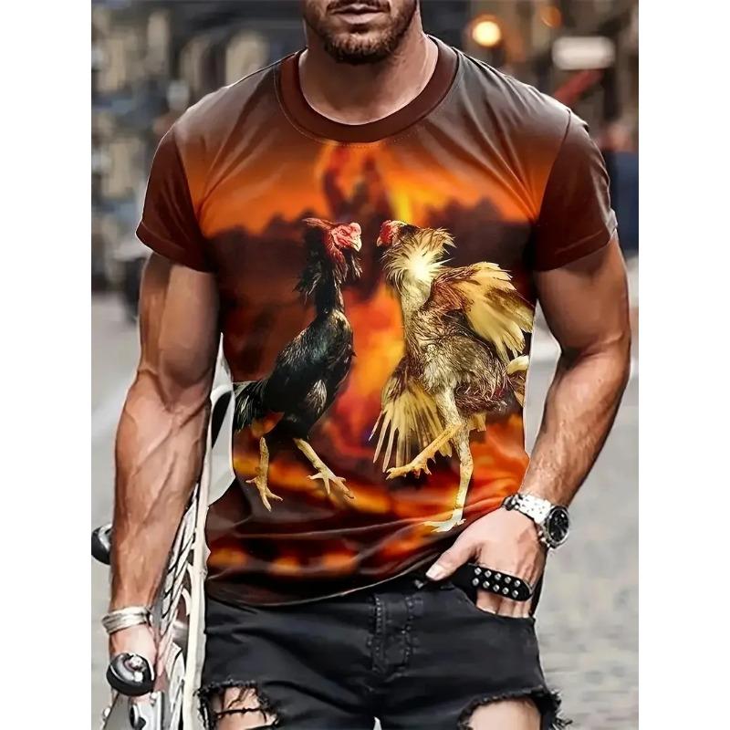 Summer Round Neck Colorful Rooster Graphic 3D Print Top Fashionable Casual Short Sleeved Men's T-shirts