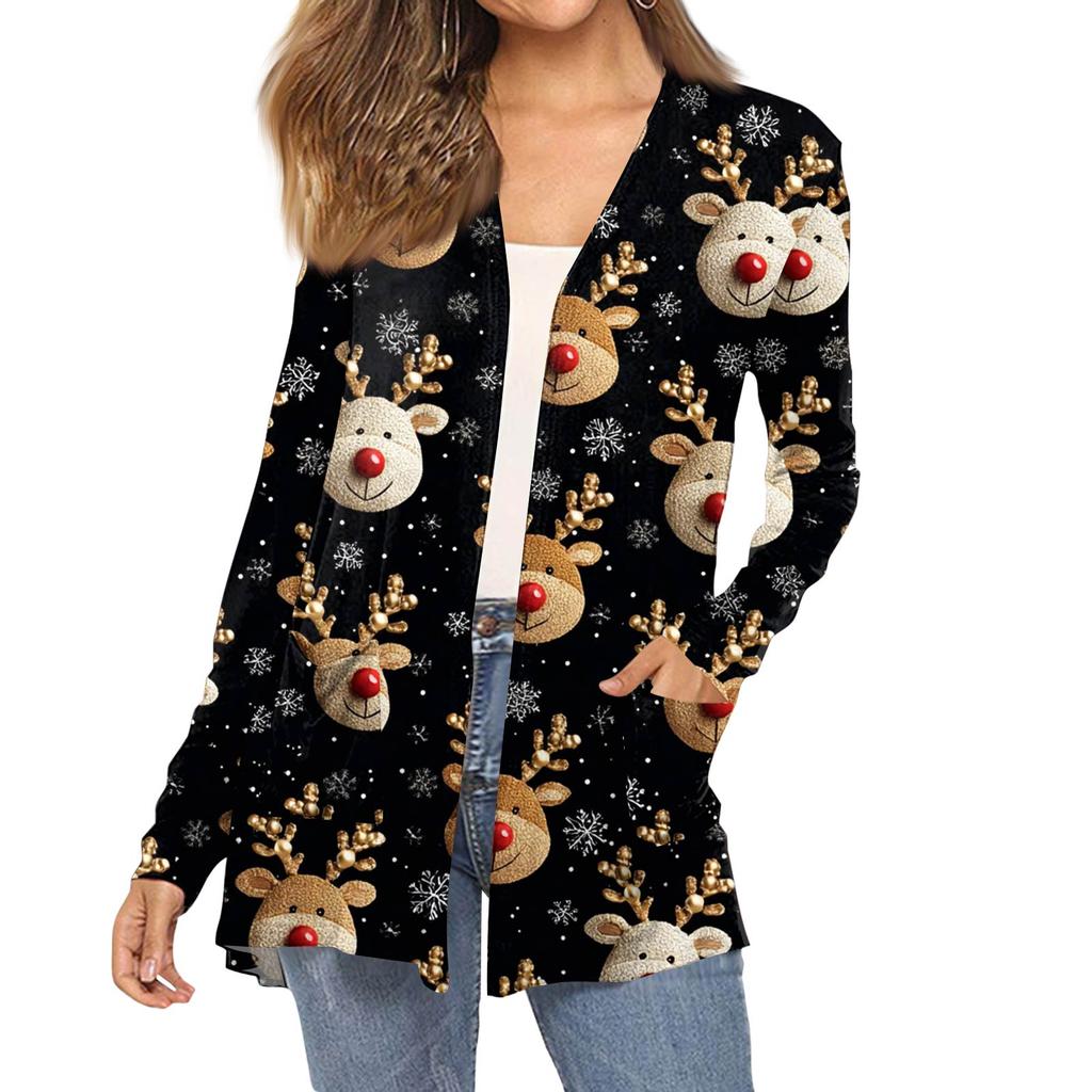 Dámský módní vánoční potisk dlouhý rukáv kapsy slim fit kardigan kabát