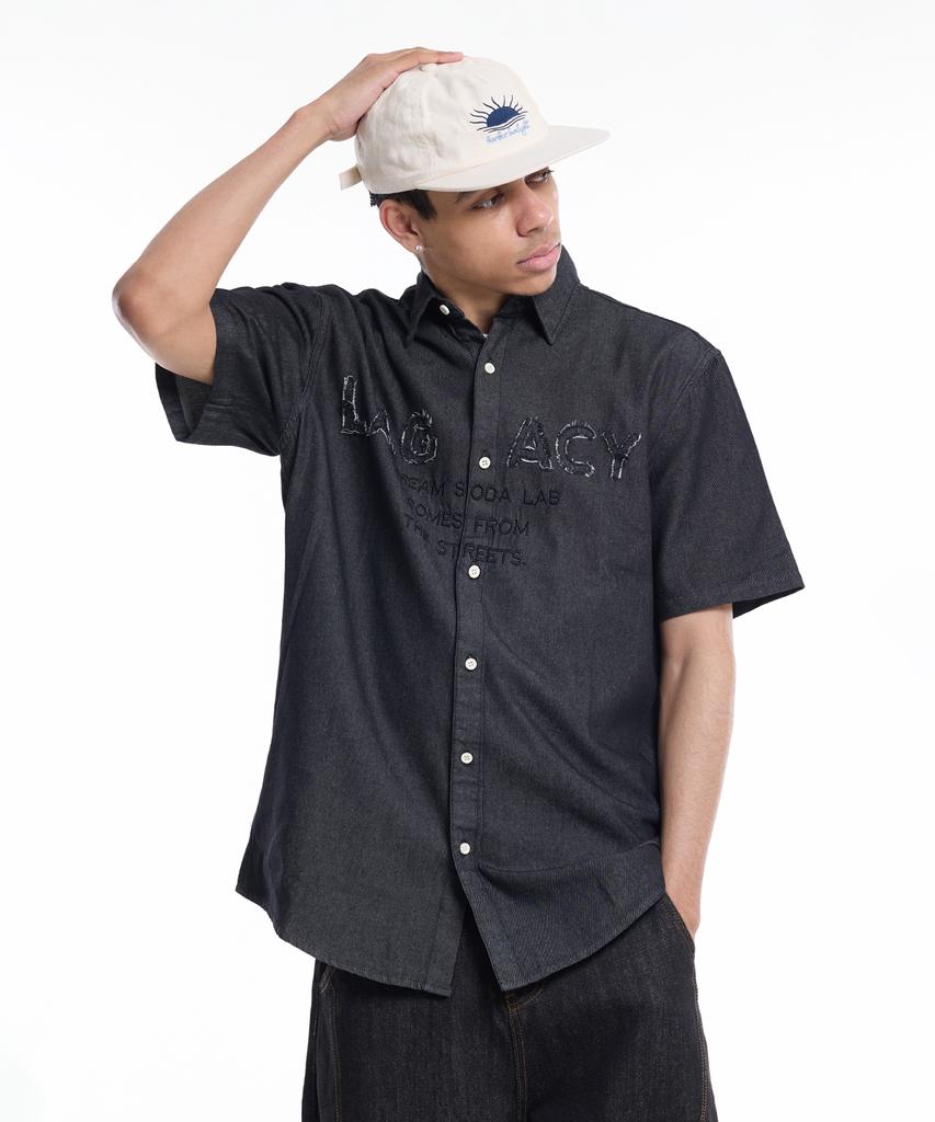 CREAM SODA LAB Applique Embroidered Lettering Denim Collared Short Sleeve Shirt Black
