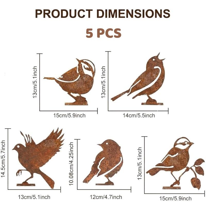 5Pcs Rusty Metal Bird Garden Fence Ornaments Iron Silhouette Outdoor Patio Decor 5pcs