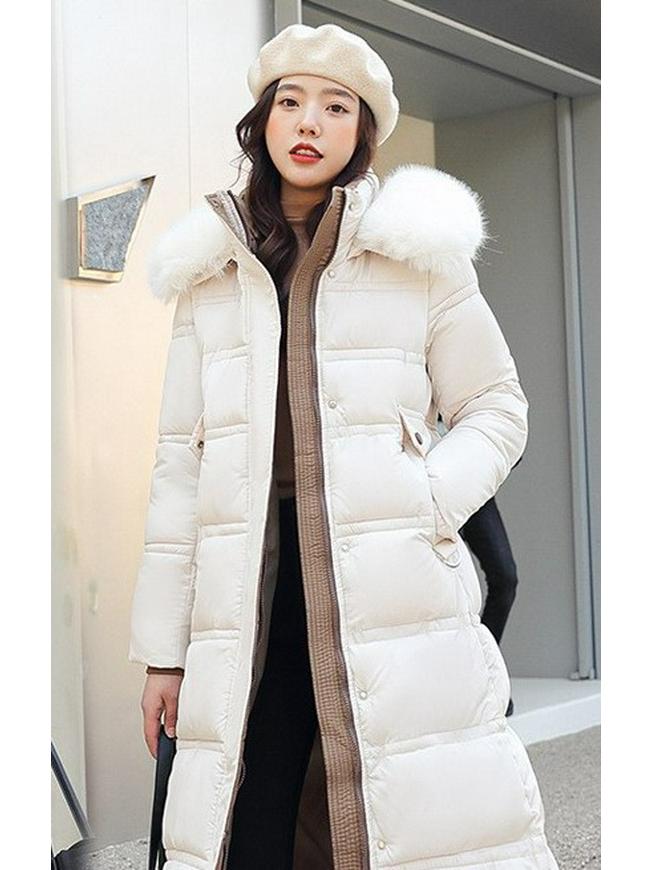 Korean Style Long Winter Cotton Coat with Large Fur Collar for Women – Thick, Loose, Over-Knee Design, Plus Sizes Available.