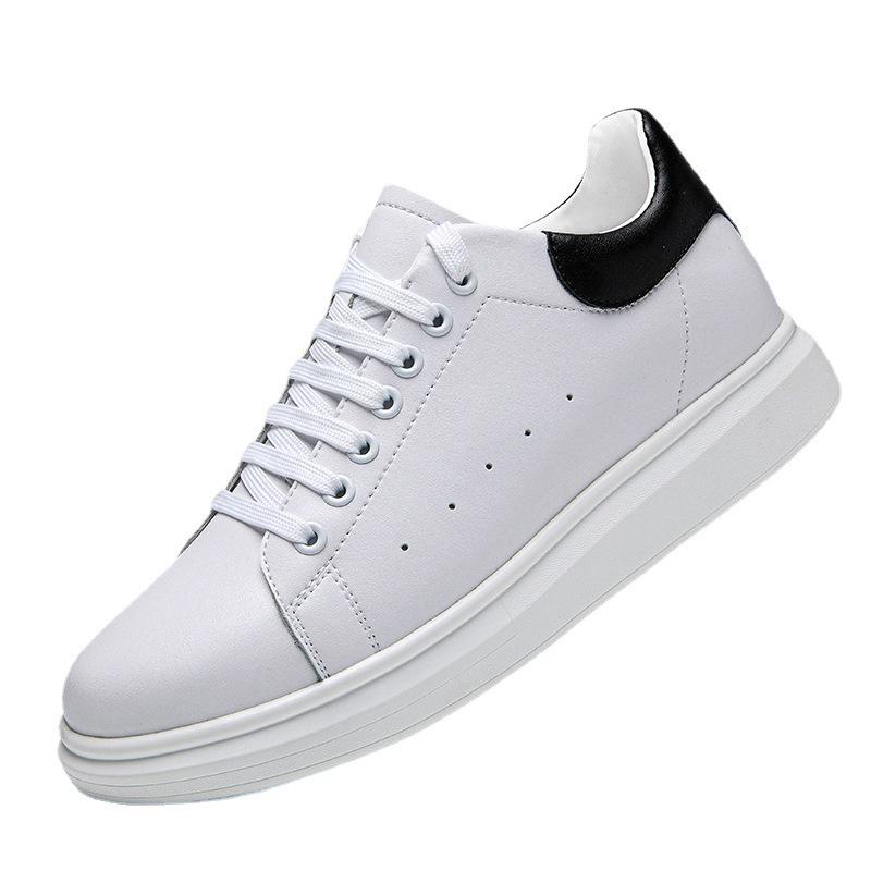 Men's Low Heel White Cowhide Platform Sneakers - Invisible Height Boost, Casual Youth Style, for Couples