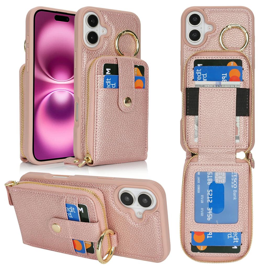 For iPhone 16 Plus Case with Zipper Pouch/Ring Kickstand/Strap Litchi Texture PU + TPU Phone Cover