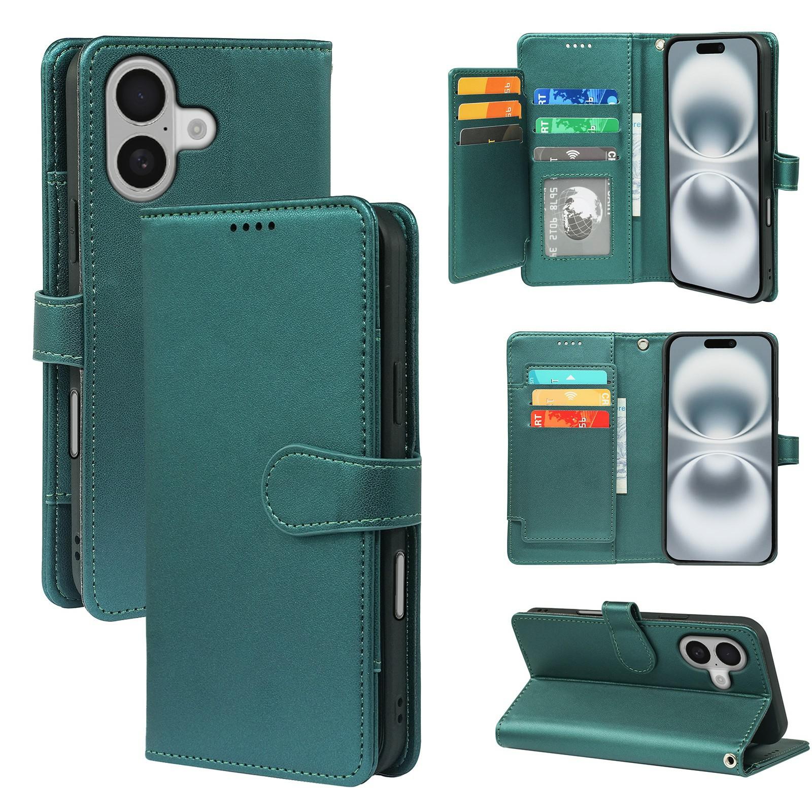 

For iPhone 16 Plus Case with 9 Card Slots PU Leather Stand Phone Cover Green