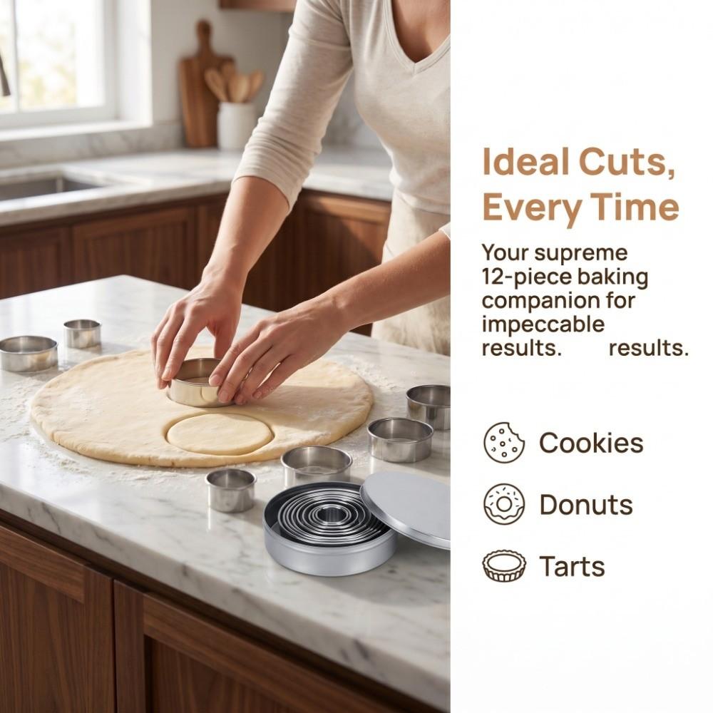 12pcs Stainless Steel Biscuit Cutter Round Shape Donut Cutter Cookie Pastry Dessert DIY Daily Use