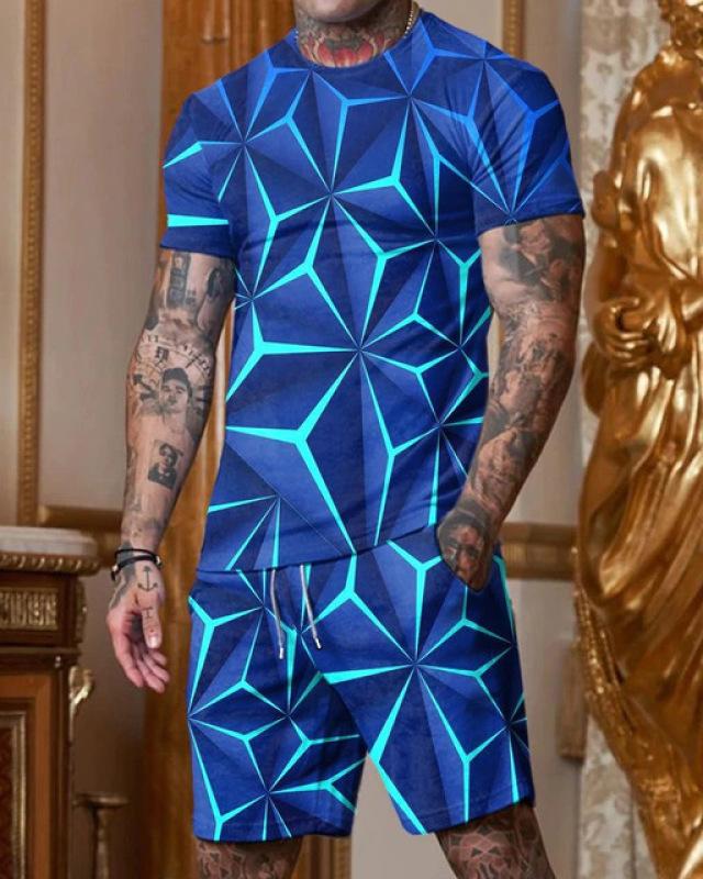 Men's Casual 2pcs Set, Coconut Palm Print T-shirt + Active Shorts Matching Set For Fitness