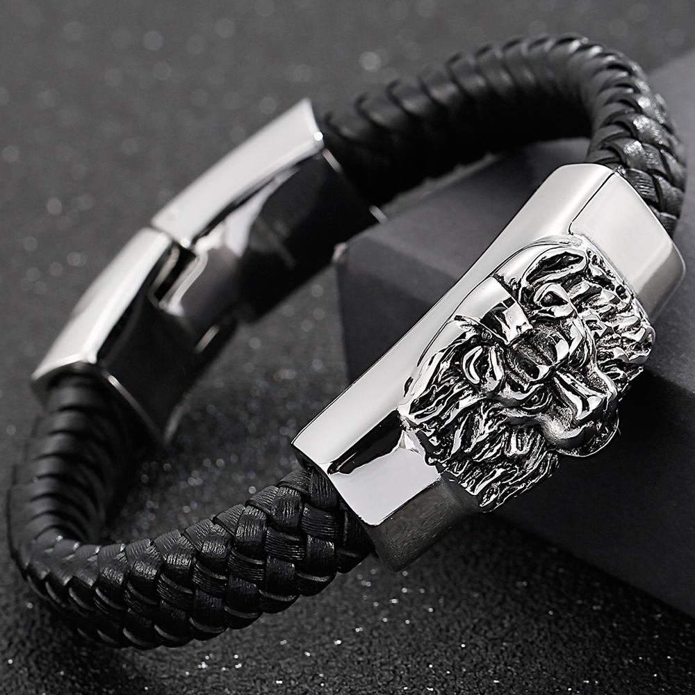 Gotiska Djursmycken 316L Rostfritt Stål Kung Lejonhuvud Armband för Män Herr Flätat Läder Manschett Wrap Armband Armband