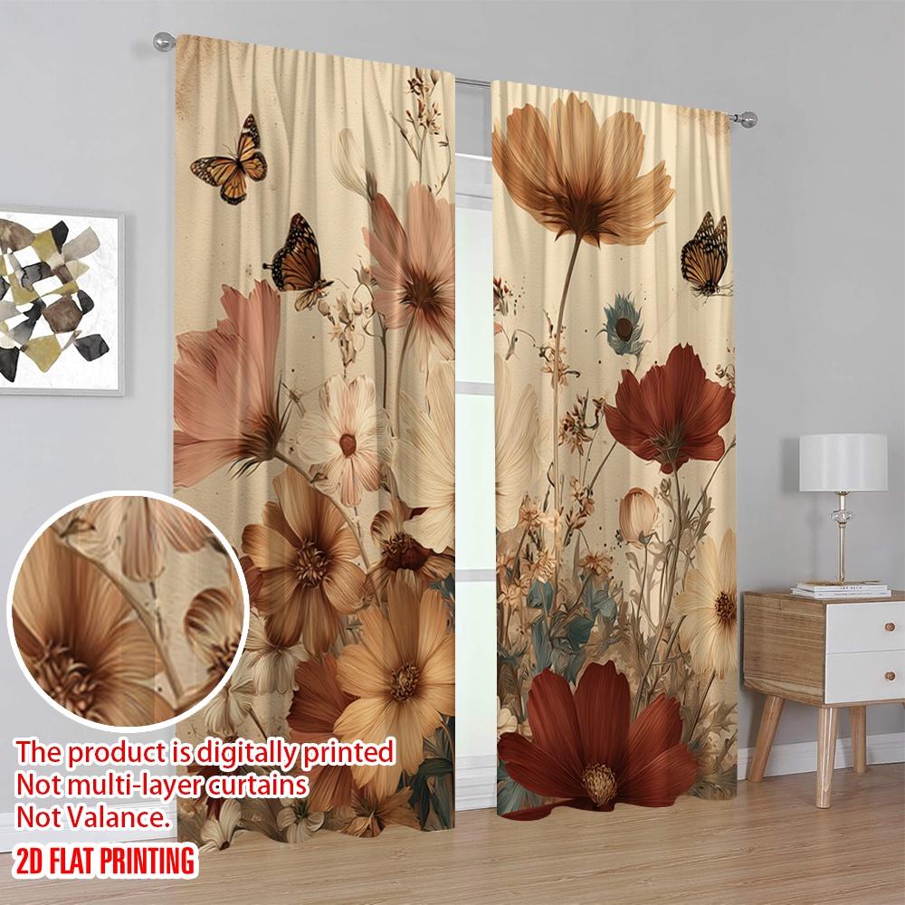 2pcs,2D Plane Printing Curtains Roller Blinds Butterfly Blooms Polyester Fabric (without Rod) Gifts Use for Living Room, Bedroom
