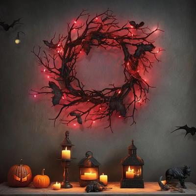 Neuer 45cm Halloween Kranz Fledermaus Schwarze Zweigkränze mit rotem LED-Licht Kränze für Tür Fenster Blumengirlande Halloween Deko