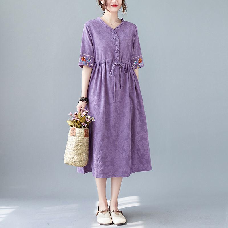 Summer New Fashion Vestidos Women Casual Elegant Cotton Ramie Embroidery Loose Plus Size Vintage Beach Midi Dress M-2XL