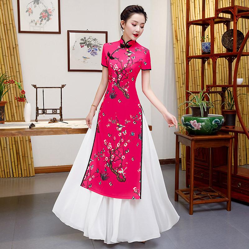 Vietnam Aodai cheongsam dress long women's large size Chinese style daily improvement short-sleeved performance clothing catwalk dress