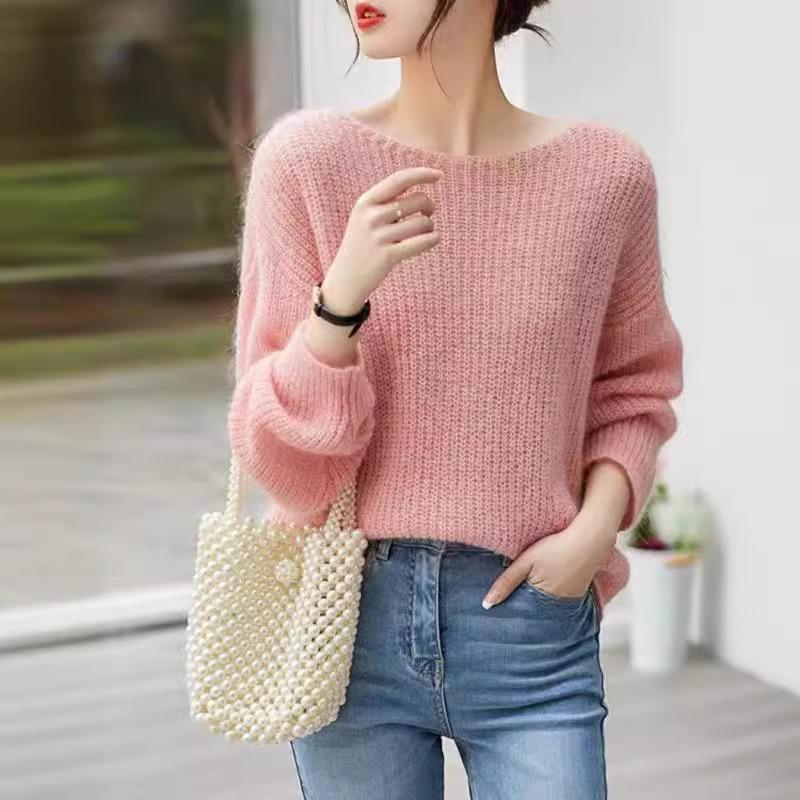 

Весна и осень Мягкий вязаный свитер Женские топы Модные свободные пуловеры с круглым вырезом Длинные рукава Женские свитера Элегантный офисный женский трикотаж 26407 One Size розовый
