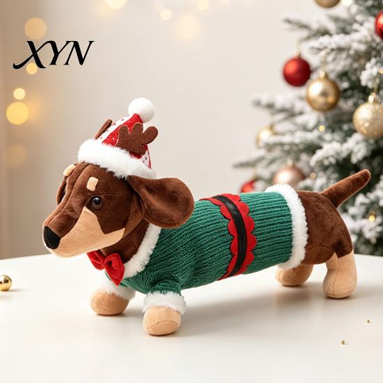 Christmas Gift for Kids Dachshund Plush Toy, Cute Dog Stuffed Animal with Santa Hat Sweater, Toy Soft Holiday Decor Ornament Home Shelf Display,
