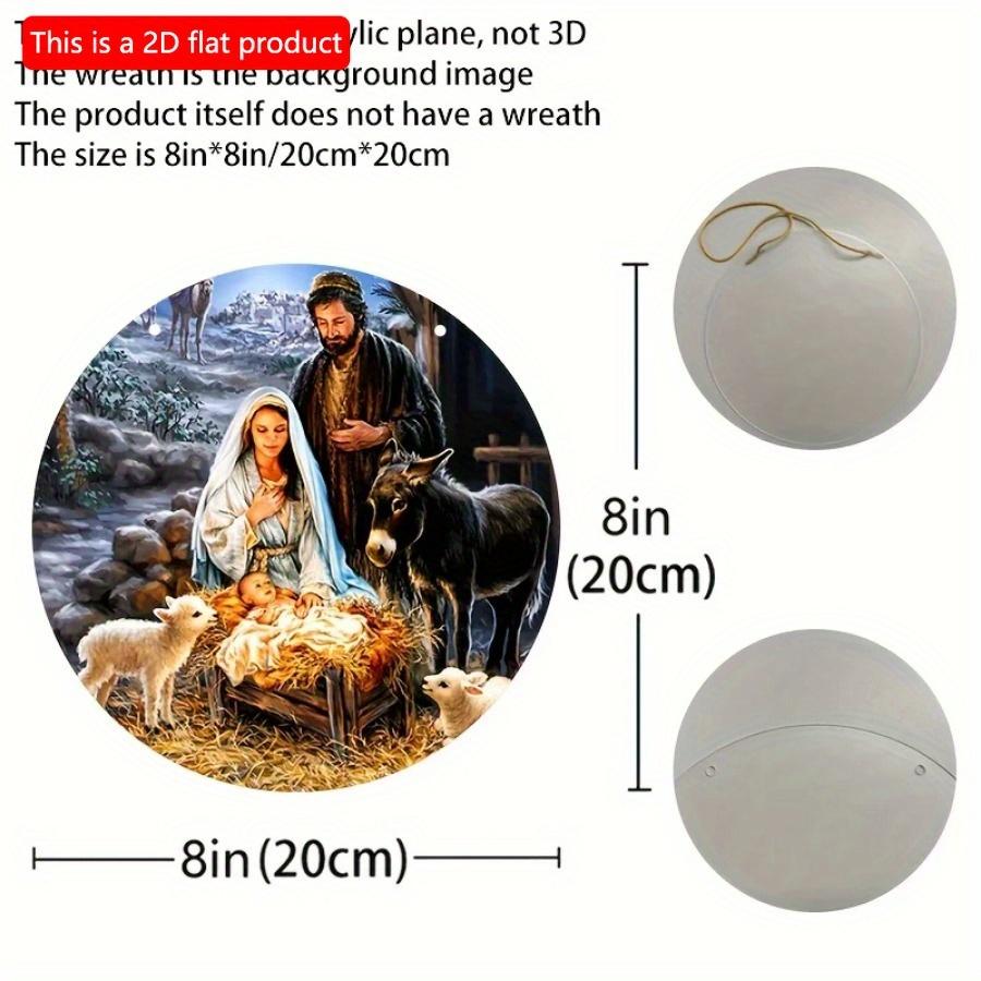 1pc 2d Flat Wood Round Wooden Nativity Wreath Sign Decorative Round Signs - 20cm Wall, Home, Room, Window, Porch, Restaurant, Bar, Cafe Decor, Holiday