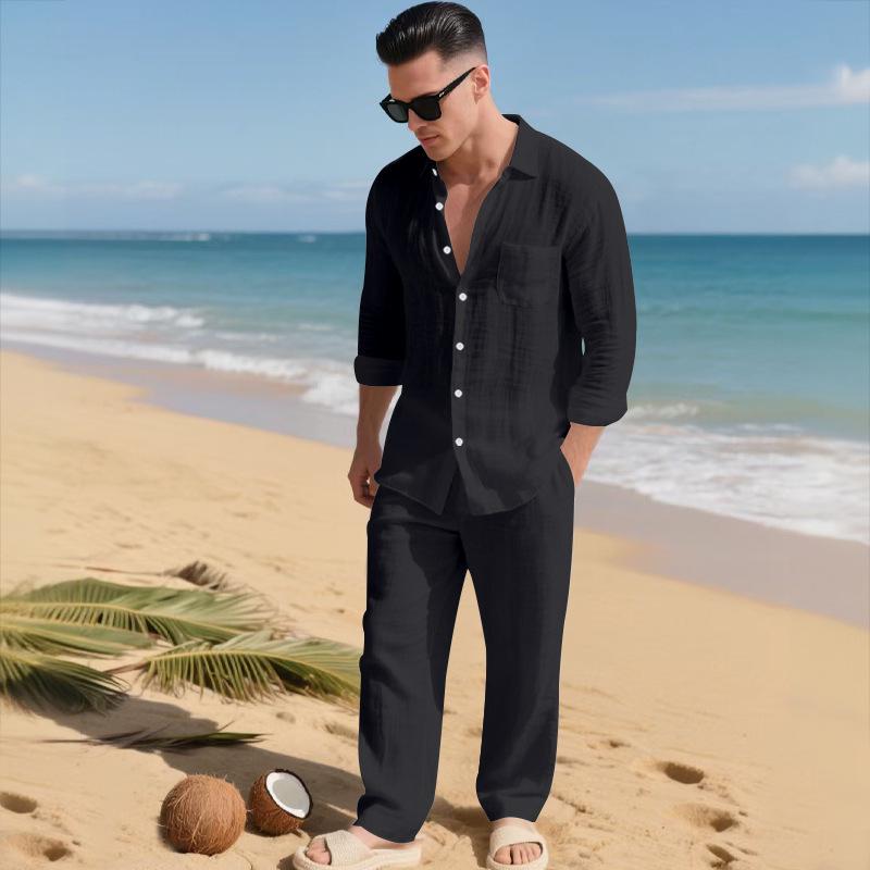 Men's Linen Casual Two-Piece Set: Classic Lapel Long Sleeve Shirt & Breathable Straight-Leg Pants