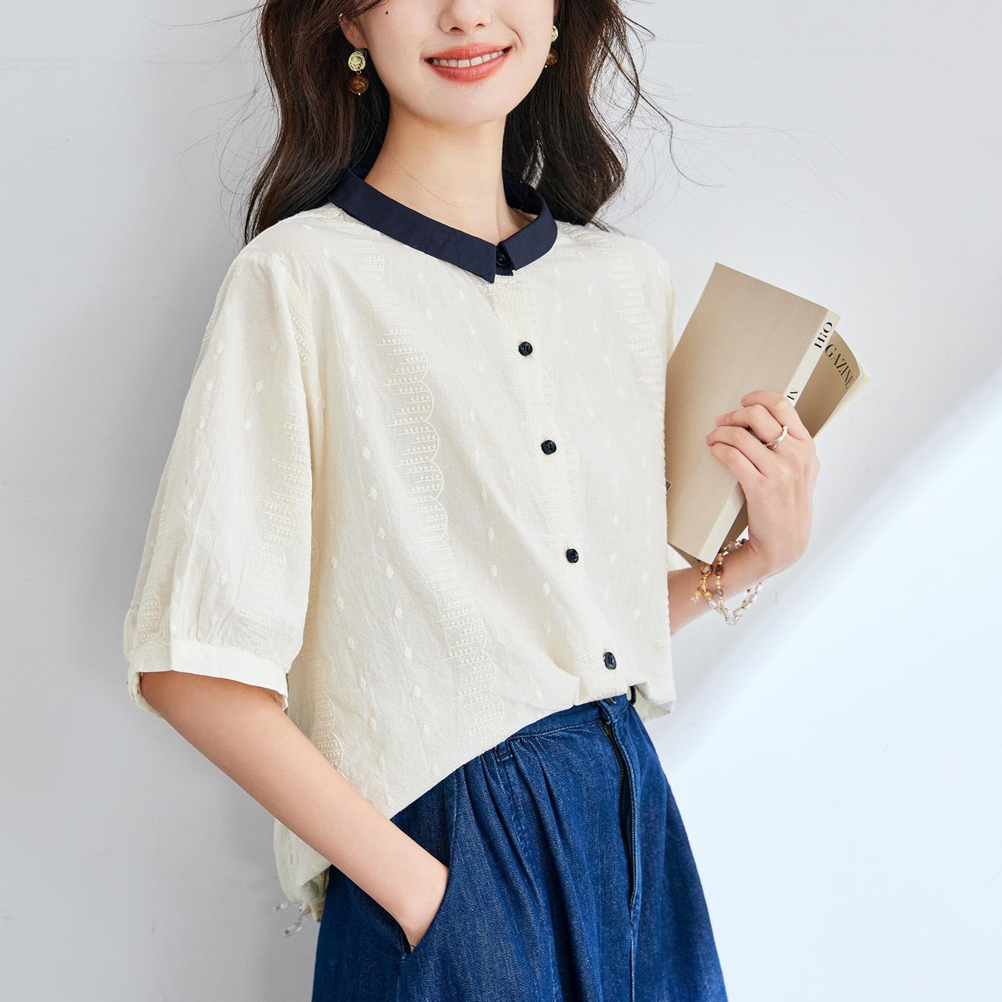 

Белая рубашка с колор-блокингом на воротнике, вышивкой, на лето, новая, для работы, повседневная, женская, в корейском стиле, универсальная рубашка-кардиган M