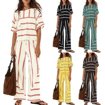 Women's Fashion Striped Casual Resort Short Sleeve Top And Wide Leg Pants 2-Piece Set