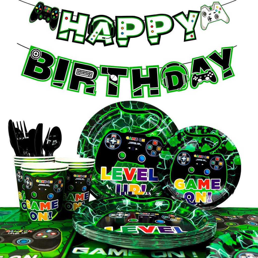Video Game Party Supplies,128pcs Video Game Party Tableware Set-Video Game Plates and Napkins,Cups Table Cloth Banner etc Party Decorations Supplies