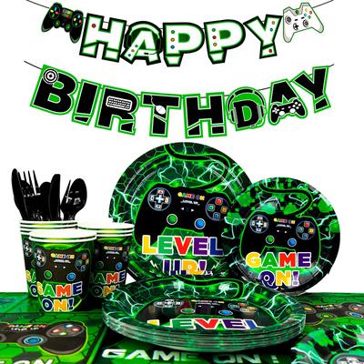 Video Game Party Supplies,128pcs Video Game Party Tableware Set-Video Game Plates and Napkins,Cups Table Cloth Banner Etc Party Decorations Supplies