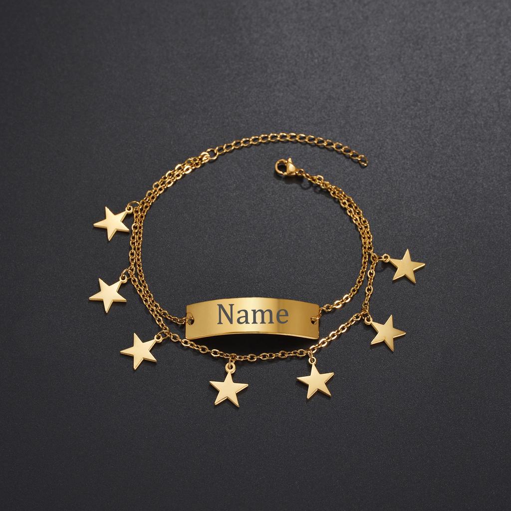 Atoztide Personalized Custom Name Bar Bracelet Stainless Steel For Men Women Engrave Letter Butterfly Figaro Chain Jewelry Gift