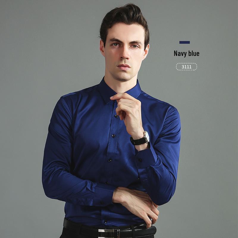 Men's Korean Style Slim Fit Solid Color Iron-Free Stretch Breathable Business Casual Long Sleeve White Shirt.