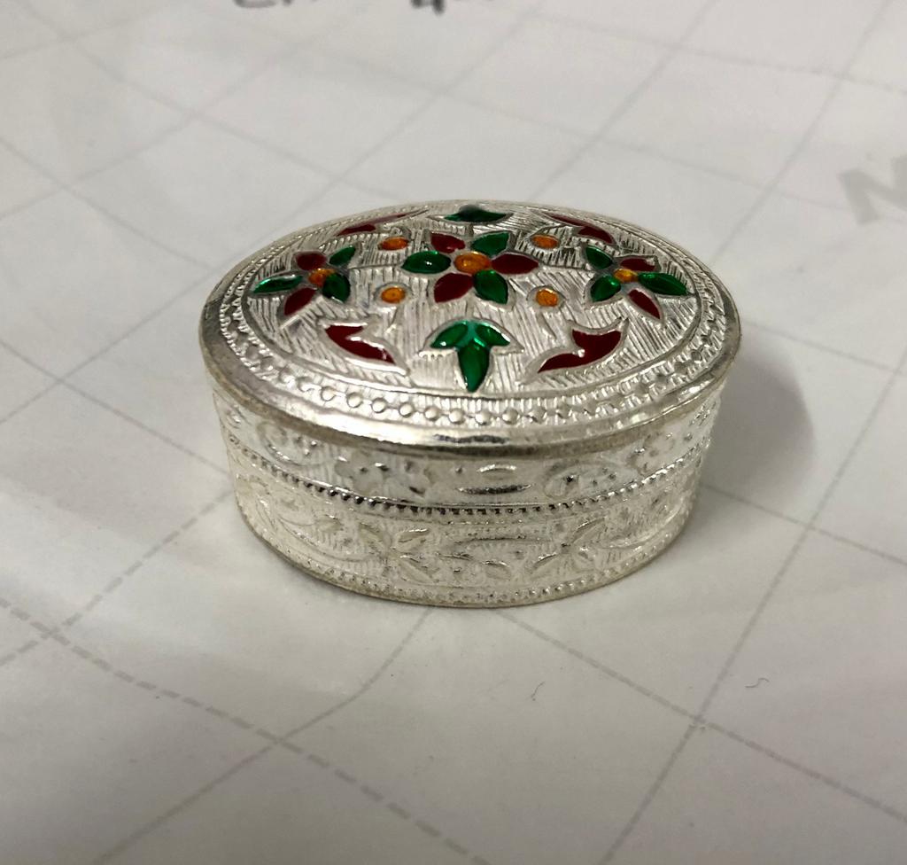 925 Silver Handmade Trinket Kajal Casket Jewelry Box , Surma Kumkum Sindoor Container, Floral Oval Shape 7.5 X 2.5 Cm Dia 18 Gm Temple Pooja