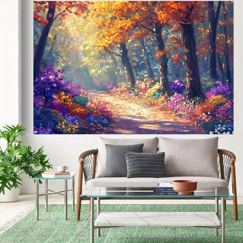 A Colorful Backdrop of an Autumn Forest Trail, Featuring Flowers, Autumn-themed Decorations and a Photography Background