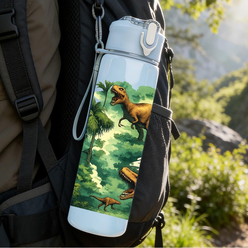 1PC Jungle Dinosaur Group Print 750ml Color Plastic Sports Water Bottle Leakproof Flip Straw Lid Suitable for Sports Office Home Use
