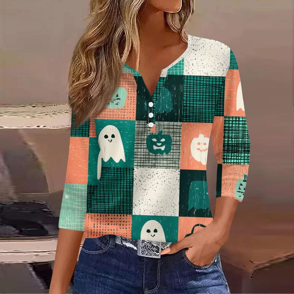 Women's Casual Fashion V-neck Loose Versatile Halloween Print Three-quarter Sleeve Top