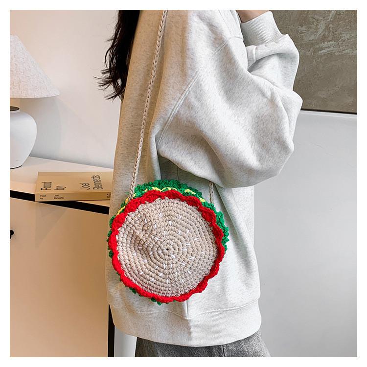 Knit Cute Hamburger Mini Shoulder Bag With Zipper Closure For Casual Travel