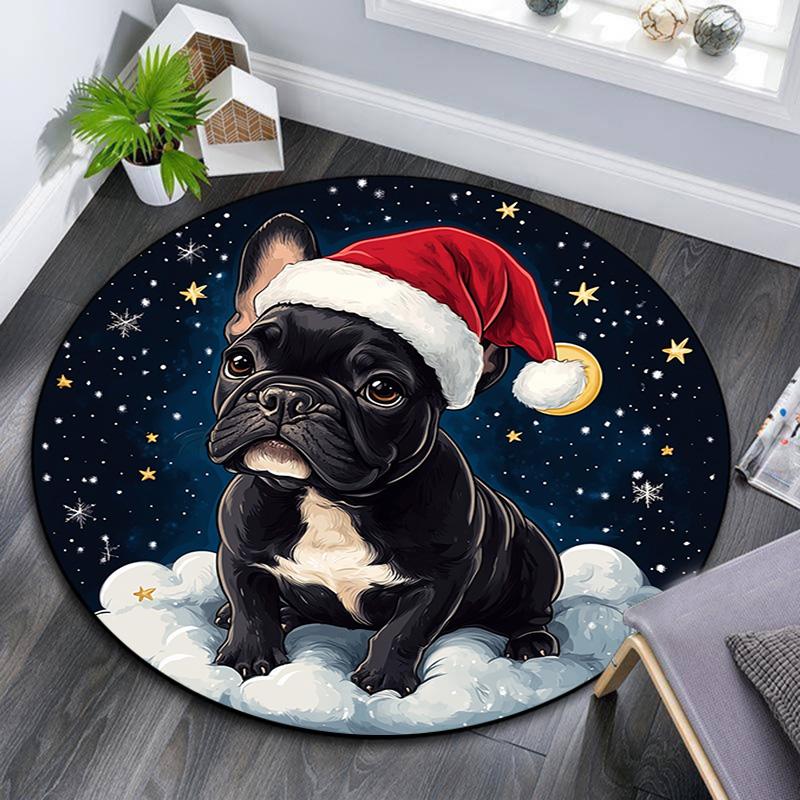 Christmas French Bulldog Round Area Rug,Carpet Rug for Living Room Bedroom Sofa Playroom Decor,Non-slip Floor Mat