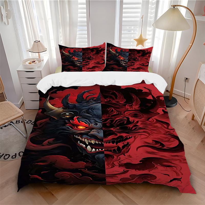3pcs Anime Demon Mask Comforter Set with 1 Quilt Cover and 2 Pillowcases (No Core) - Home Decor, Festival Gift, Polyester Fabric, Anime Cartoon Design