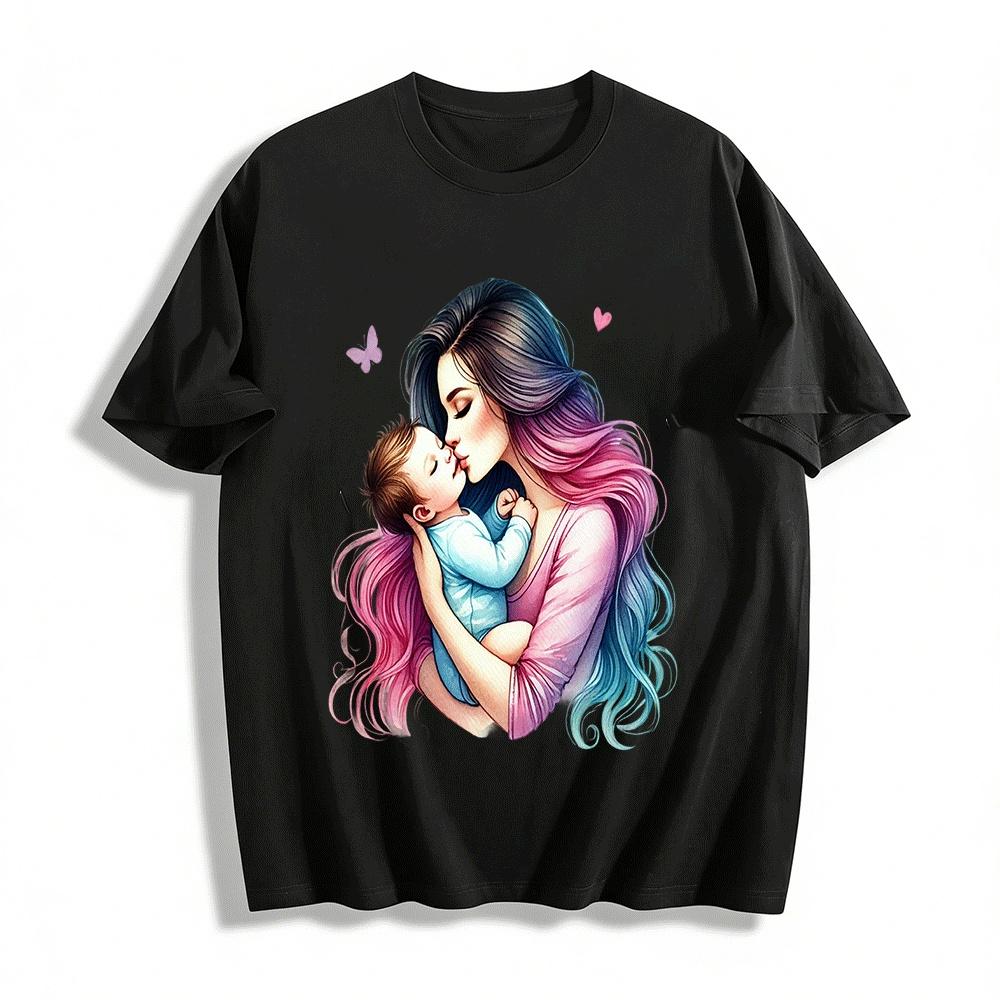 Loving Mother And Baby Print Casual Comfort Crewneck Top Pure cotton T-shirt XXS