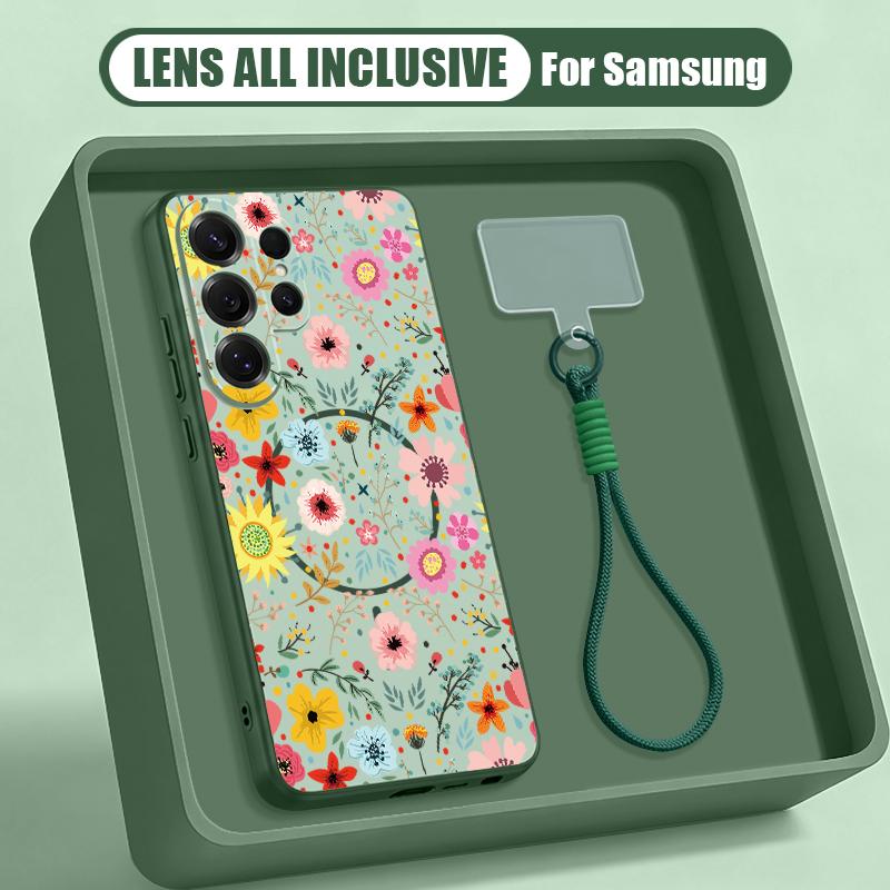 White Flower Pattern Case For Samsung S26 Ultra S25 FE S24 S24 Plus A57 A37 A17 A56 A36 A16 A55 A35 A15 A54 5G Hybrid Magnetic Matte Cover