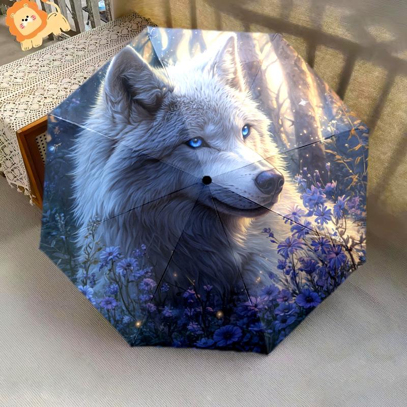 1 PC Automatic Folding Umbrella - Wolf In Moonlit Pattern, Portable & Foldable Design with 8 Ribs, Christmas Birthday Gifts