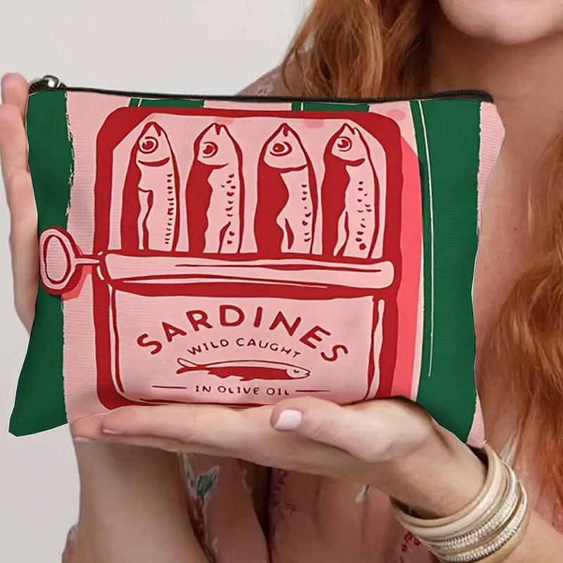Vintage Canvas Cosmetic Bag Simple Large Capacity Makeup Bag Female Travel Clutch Toiletry Bag Retro Sardines Olive Oil Design