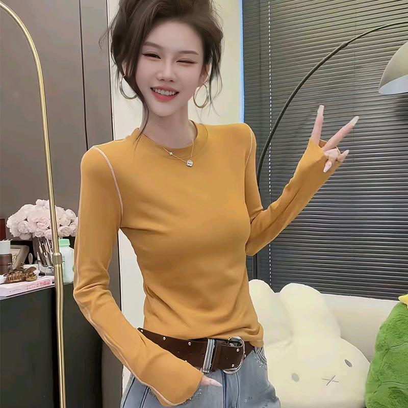 2025 Autumn/Winter Women's Stylish Round Neck Long Sleeve Plus Velvet T-shirt, Inner/Outer Base Layer