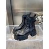Black Punk Ankle Thick-Soled Motorcycle Ankle Boots Women'S Lace-Up Spring Thick Heel Belt Buckle Pocket Designer Chunky Shoes