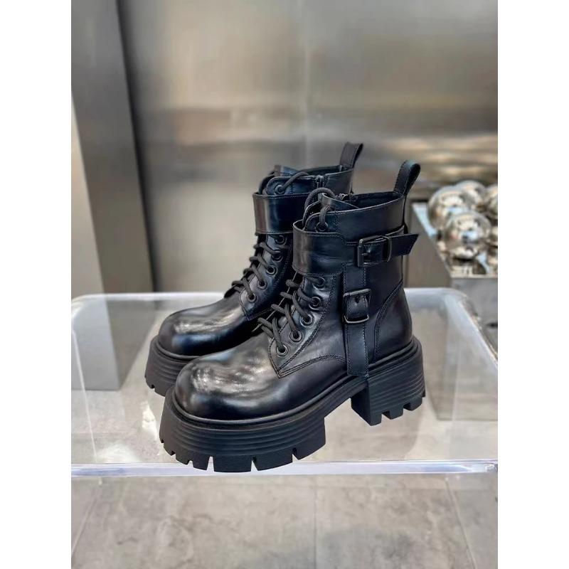 Black Punk Ankle Thick-Soled Motorcycle Ankle Boots Women'S Lace-Up Spring Thick Heel Belt Buckle Pocket Designer Chunky Shoes