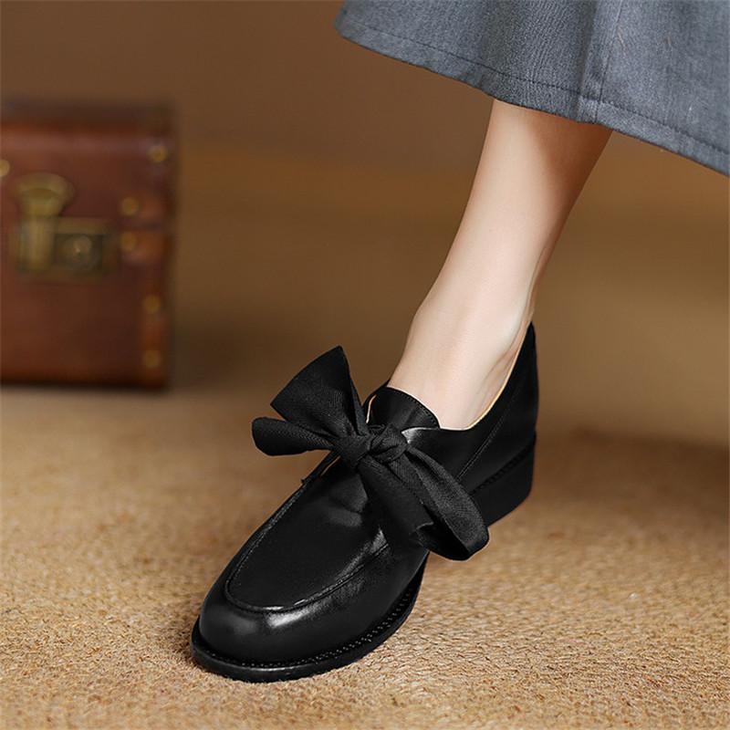 Fashion New Spring Cow Leather Woman Shoes Round Toe Women Pumps Shoes for Women Chunky Heel Loafers Fashion Bow Decoration Casual Shoes