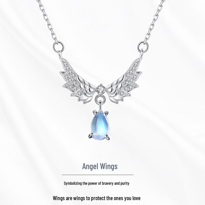 Silver-Plated Moonstone Angel Wings Necklace for Women - Elegant Gift for Girlfriend (2026 New Style)