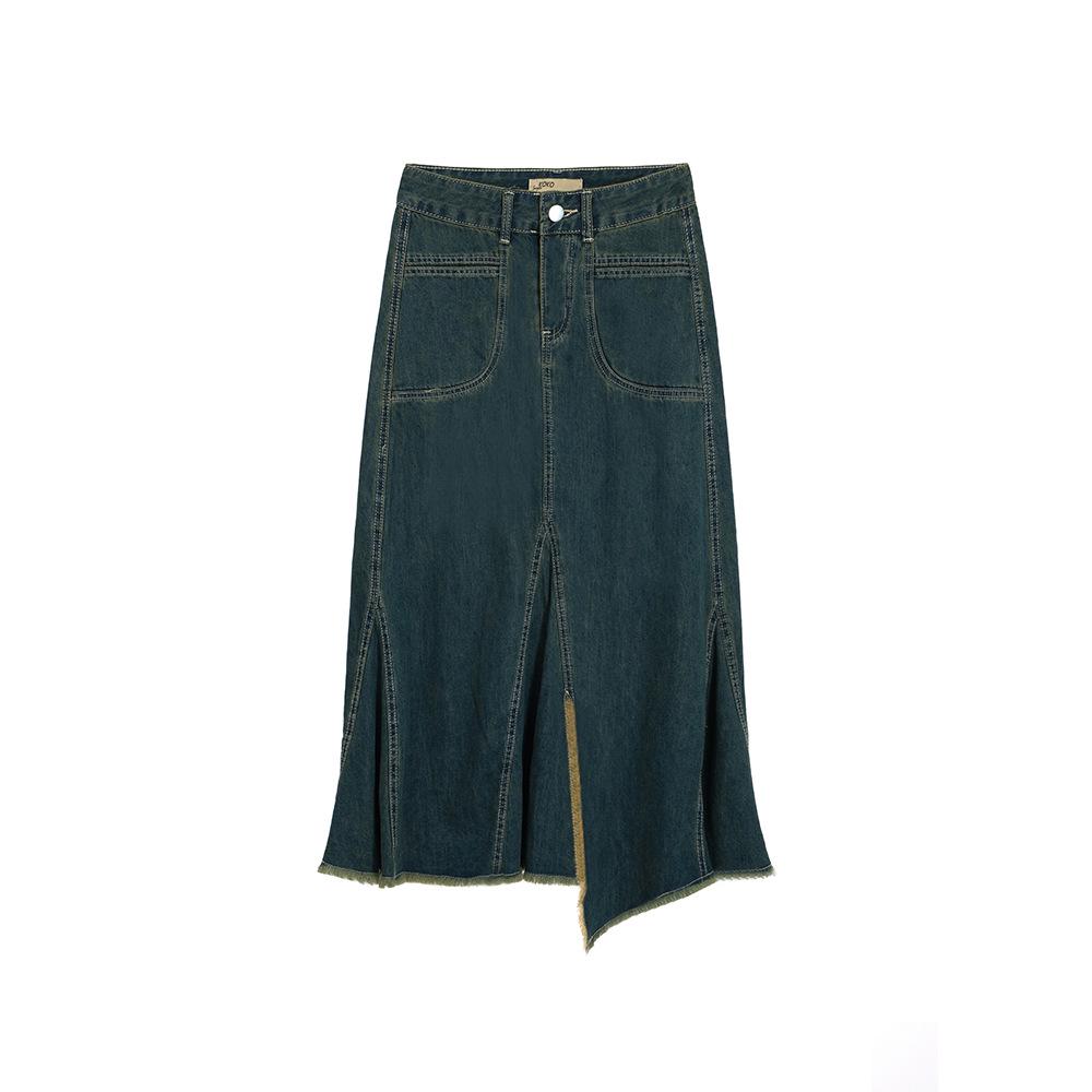 2026 Spring/Summer Women's Frayed Hem Irregular Slit Denim Long Skirt