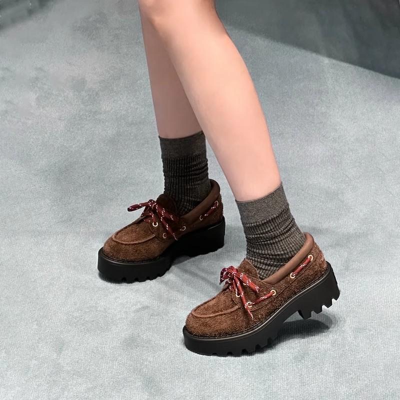Cowhide version~ miu's retro platform heightening loafers women's genuine leather single shoes British style lace-up brown small leather shoes