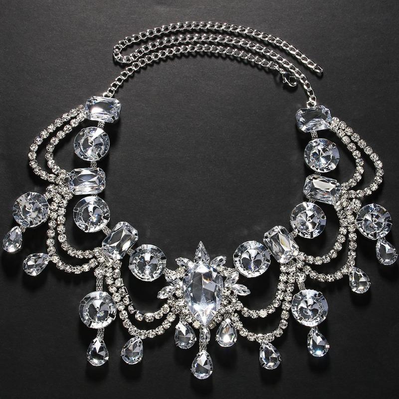 

Water Drop Fringed Necklace Personality Exaggerated Rhinestone Collarbone Chain Banquet Accessories Female Necklace Silver Plated