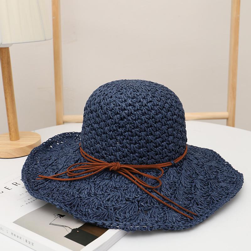 Handmade Crochet Straw Hat Women's Foldable Versatile Bow Travel Vacation Visor Beach Big Eaves Hat Summer